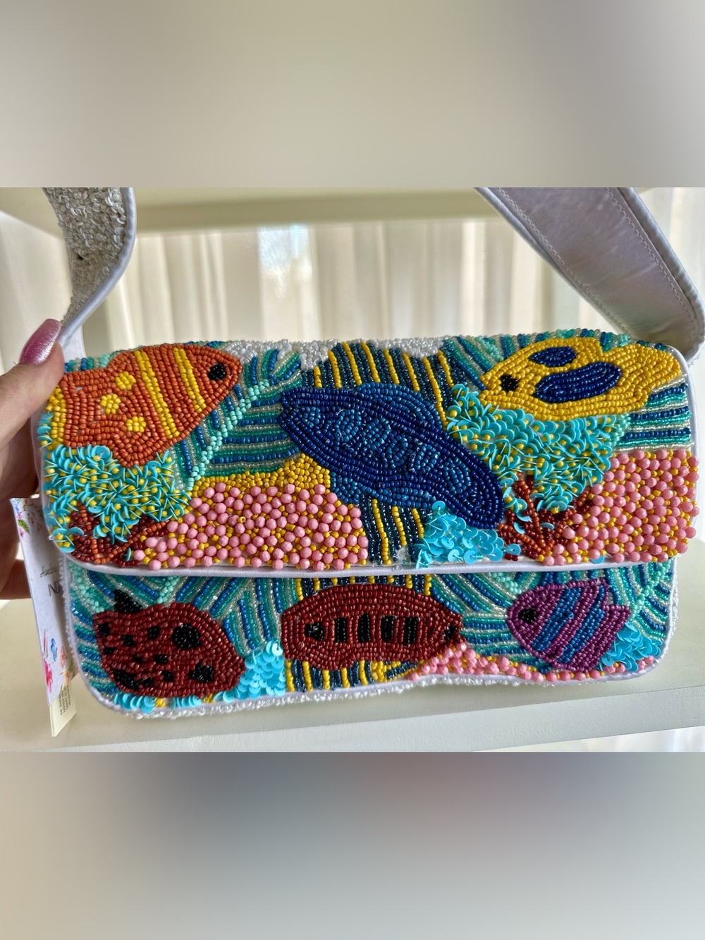 Beaded Multi-Color Fish Motif Shoulder Bag